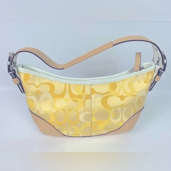 バッグ Coach Signature Hobo Hand Bag Yellow YELLOW COACH SIGNATURE MID FRAME SHOULDER TRAVEL HOBO TOTE